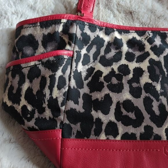 Coach Red Leather and Leopard Ocelot Fabric Carrie Tote Shoulder Bag Purse