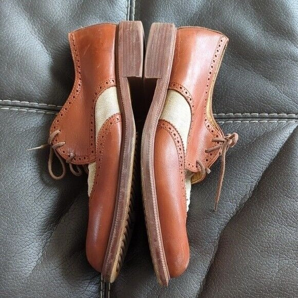 Vintage Kenneth Cole Spectator Brown Leather Beige Canvas Oxford Shoes Size 10