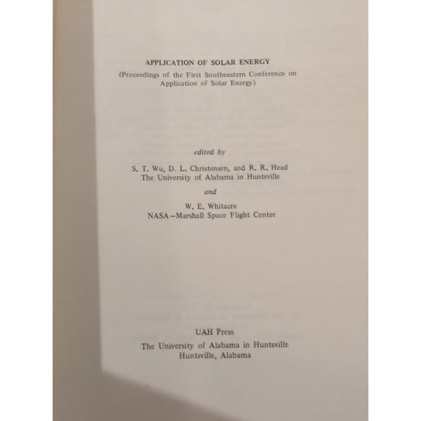 Application Of Solar Energy Wu Christensen Head Whitacre HC 1975 Vtg UAH Press