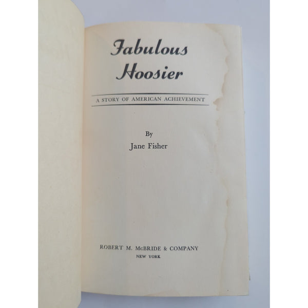 Fabulous Hoosier Jane Fisher HC DJ 1st Edition 1st Print Vtg 1947 Carl Graham