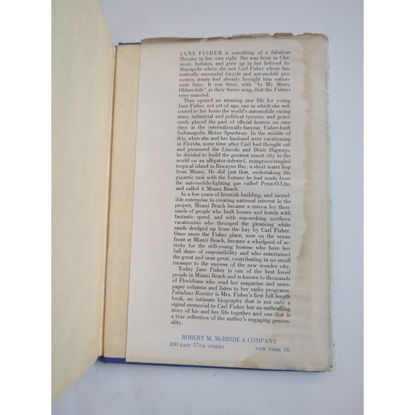 Fabulous Hoosier Jane Fisher HC DJ 1st Edition 1st Print Vtg 1947 Carl Graham
