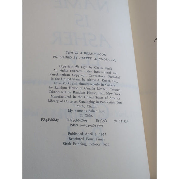 My Name Is Asher Lev by Chaim Potok 1972 Hardcover Dust Jacket Vintage 6th