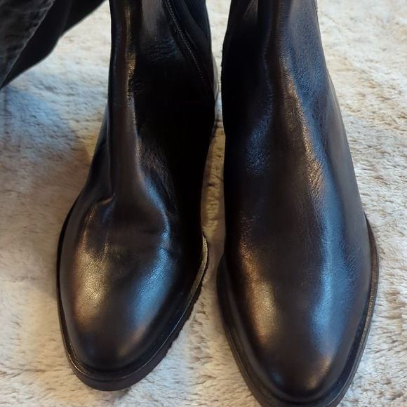 Zara Black Patent Leather Cloth Calf Over Knee Flat Heeled Boots Size 6.5 NWT