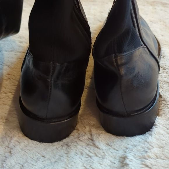 Zara Black Patent Leather Cloth Calf Over Knee Flat Heeled Boots Size 6.5 NWT