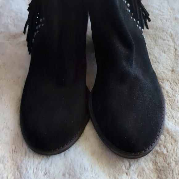 Lucky Brand Ankle Booties Shoes Kaarina Black Suede Fringe Stud Detail Size 6.5