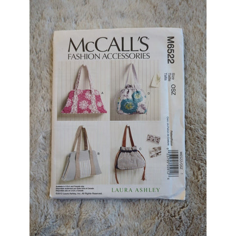 2012 McCall's M6522 Ladies Purse Tote Handbag in 4 Views Laura Ashley Pattern