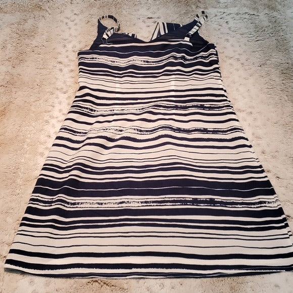 Cabi Blue and White Horizontal Stripe Front Tie VNeck Above Knee Dress Size S