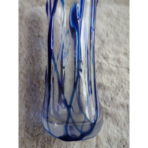 Vintage Murano Style Art Glass Vase Swung Blue and Clear Swirl Twisted 8.5 In