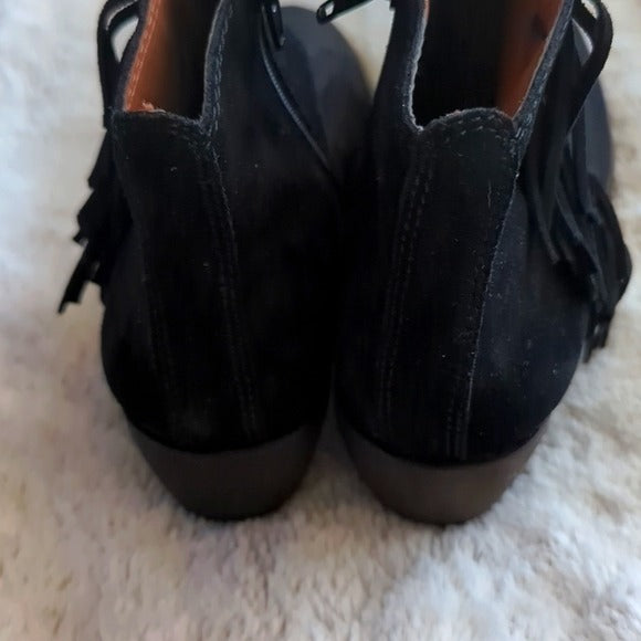 Lucky Brand Ankle Booties Shoes Kaarina Black Suede Fringe Stud Detail Size 6.5