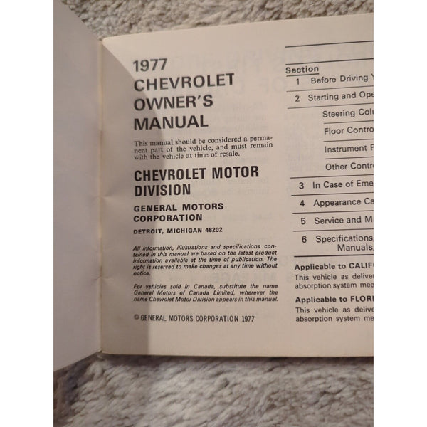 1977 Chevrolet Classic Owners Manual User Guide Reference Operator Book SC Vtg