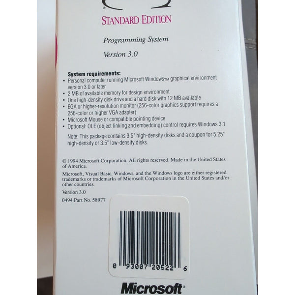 Microsoft Visual Basic Standard Edition Version 3.0 Sealed 3.5 Disks Books Vtg