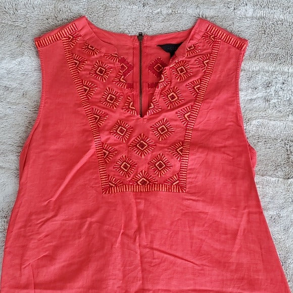 J Crew Coral Sleeveless Embroidered Sunburst Linen Blend Sheath Dress Size S