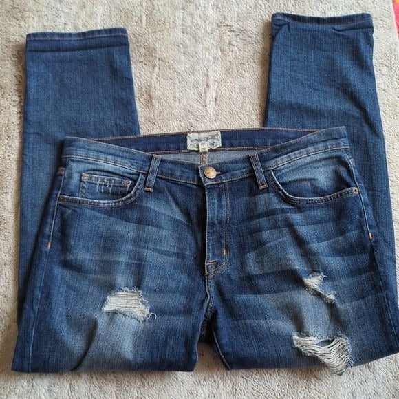 Current Elliot Distressed Mid Rise The Fling Boyfriend Crop Blue Jeans Size 28