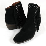 Lucky Brand Ankle Booties Shoes Kaarina Black Suede Fringe Stud Detail Size 6.5