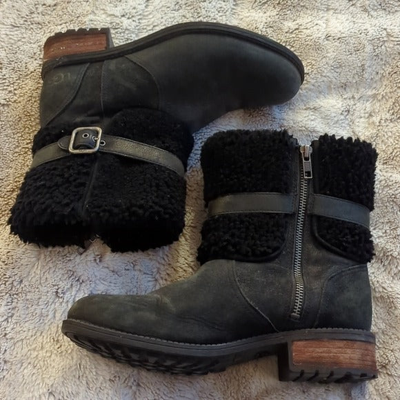 Ugg Boot Short Ankle Boot Black Leather With Sheepskin Ankle Strap Size 8