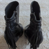 Revolve X Vince Camuto Black Leather Kimina Open Toe Heel Bootie Fringe Size 7