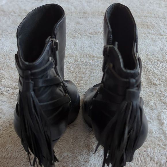 Revolve X Vince Camuto Black Leather Kimina Open Toe Heel Bootie Fringe Size 7