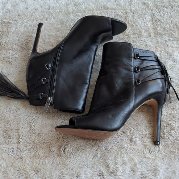 Revolve X Vince Camuto Black Leather Kimina Open Toe Heel Bootie Fringe Size 7