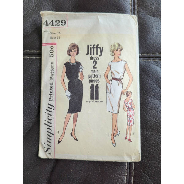 4429 Simplicity Sewing Pattern Misses Jiffy Dress Easy 2 Main Pieces 60s Size 16