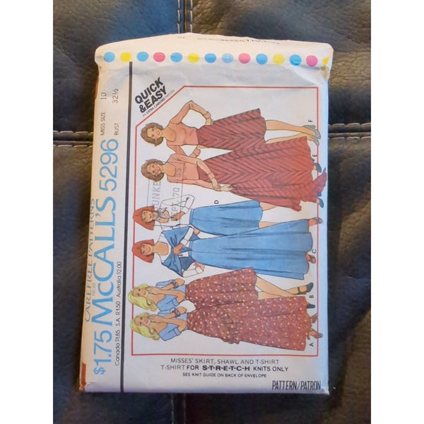 1976 McCALL'S #5296 - LADIES TWO LENGTH SKIRT - T-SHIRT & SHAWL PATTERN 10 FF