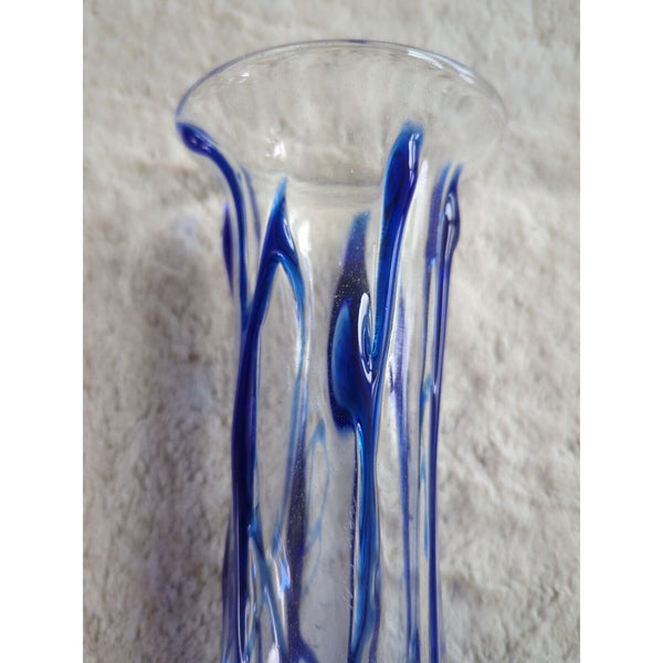 Vintage Murano Style Art Glass Vase Swung Blue and Clear Swirl Twisted 8.5 In