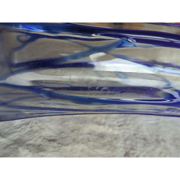 Vintage Murano Style Art Glass Vase Swung Blue and Clear Swirl Twisted 8.5 In