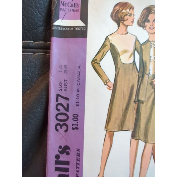 70's  McCALL'S  3027 MISSES A-LINE  DRESS & JACKET PATTERN CUT SIZE-14/36