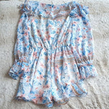 Fate Floral Print Light Weight Ruffle Shorts Romper In Blue White Multi Size S