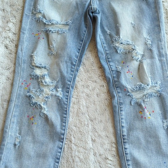 Judy Blue Distressed High Waist Paint Splatter Raw Boyfriend Blue Jeans Size 25