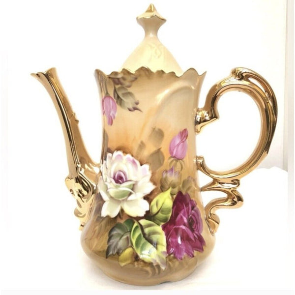 Vtg Lefton NE 1866 Coffee Pot Handpainted Pot And Lid Porcelain Roses 24k 8x8 In