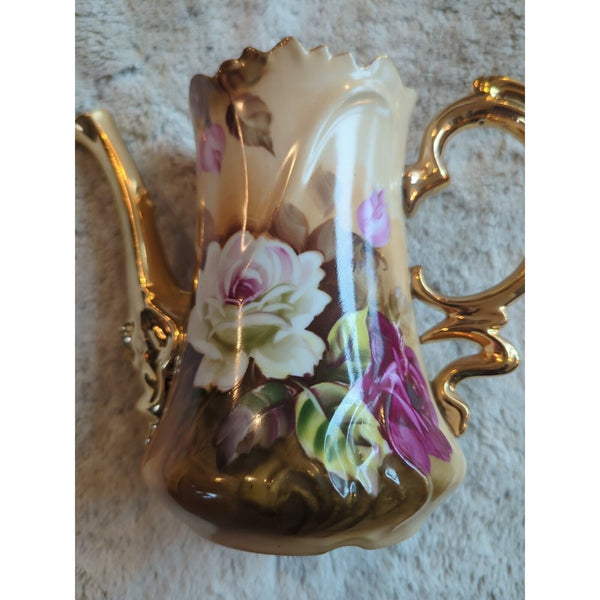 Vtg Lefton NE 1866 Coffee Pot Handpainted Pot And Lid Porcelain Roses 24k 8x8 In