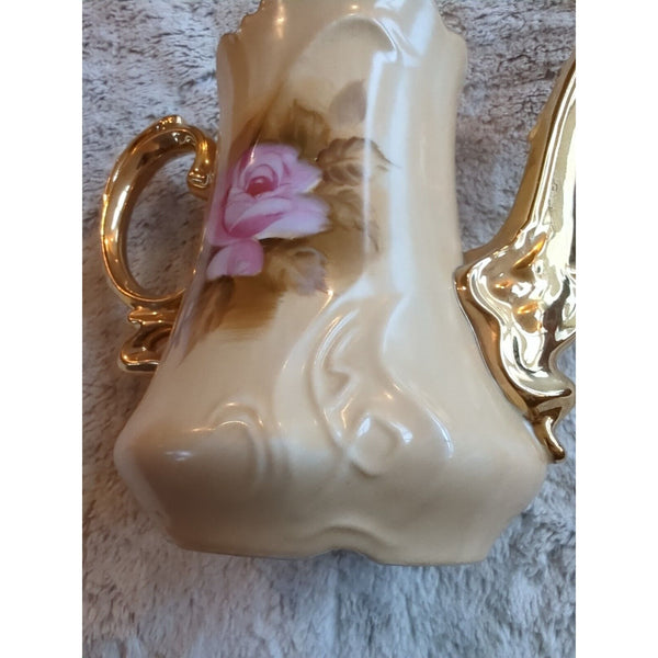 Vtg Lefton NE 1866 Coffee Pot Handpainted Pot And Lid Porcelain Roses 24k 8x8 In