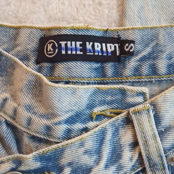 The Kript High Rise Wide leg Distressed Acid Washed Blue Jeans Size S Waist 26