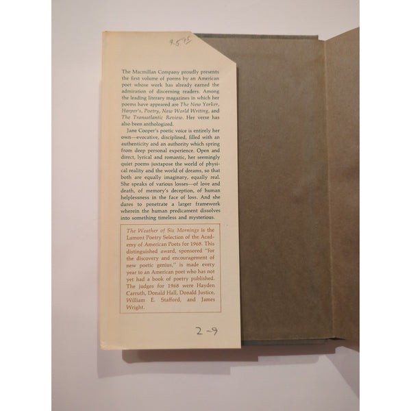 Jane Cooper THE WEATHER OF SIX MORNINGS Poems 1st Edition 1st Printing Signed