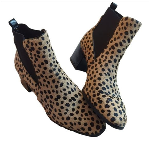 Anne Klein Leopard Print Prescott Ankle Bootie Calf Hair Block Heel Size 8.5