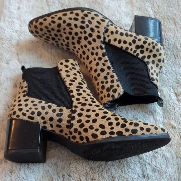 Anne Klein Leopard Print Prescott Ankle Bootie Calf Hair Block Heel Size 8.5