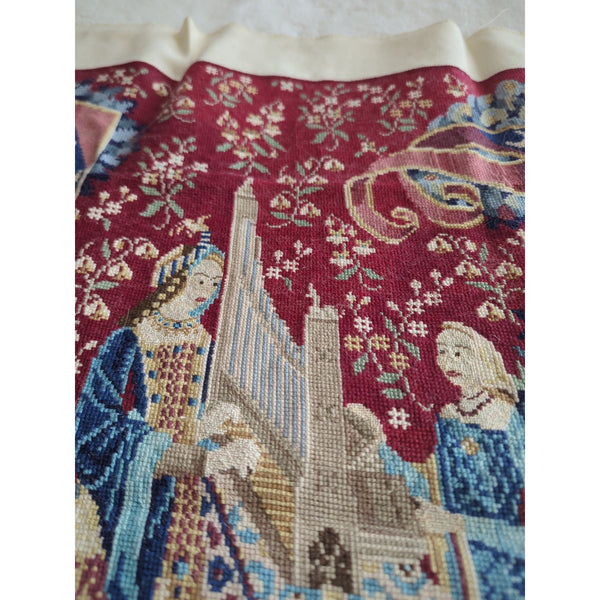 The Touch The Lady At The Unicorn Tapestry Wall Hanging Stitching 24x17.5 Vtg