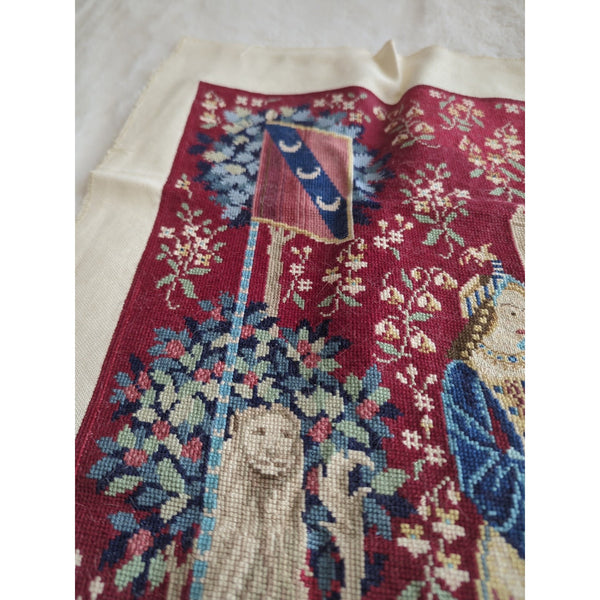 The Touch The Lady At The Unicorn Tapestry Wall Hanging Stitching 24x17.5 Vtg