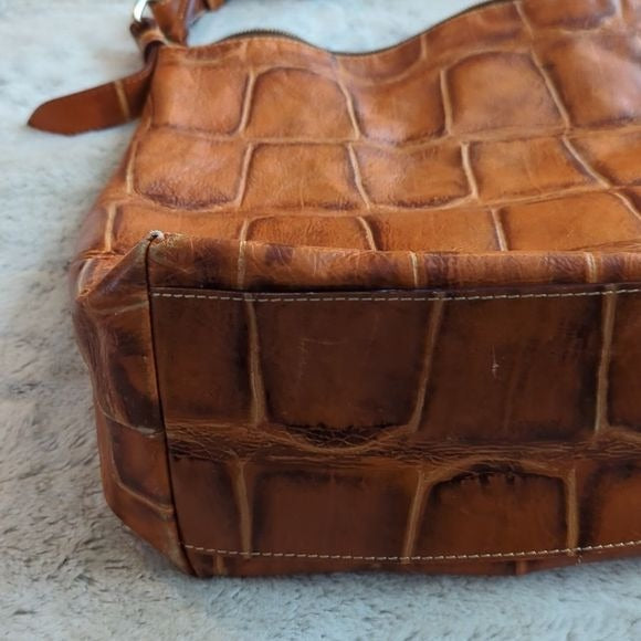 Dooney & Bourke Authentic Brown Leather Crocodile Hobo Purse Metal Hardware