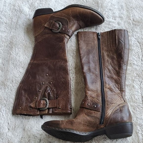 Born Thick Distressed Leather Knee High Riding Boots Calf Stretchers Size 7 / 38