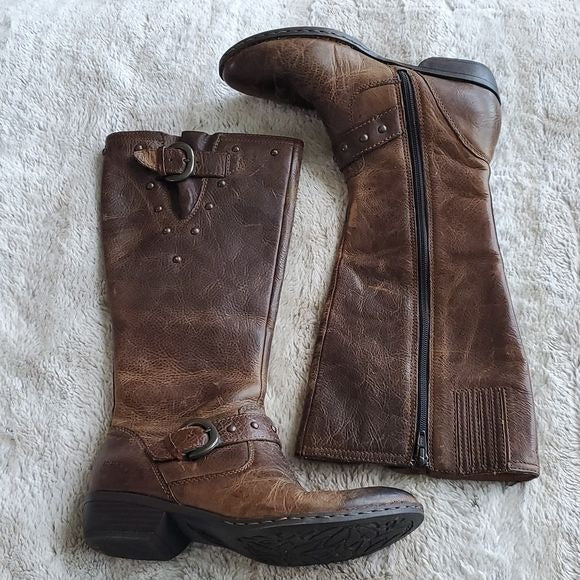 Born Thick Distressed Leather Knee High Riding Boots Calf Stretchers Size 7 / 38