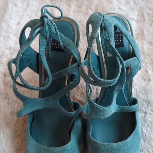 White House Black Market Marlow Heels Teal Blue Green Suede Size 10 Strappy Shoe