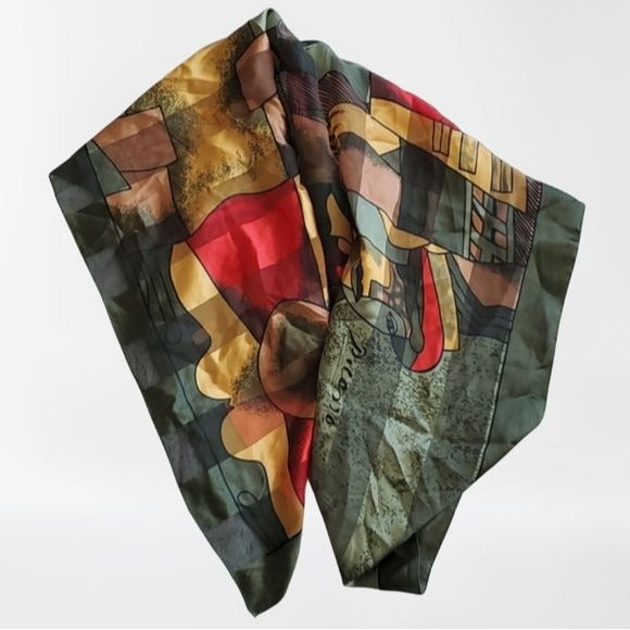 Rare Paloma Picasso Silk Green Red Gold Black  Fashion Tie Scarf Accent 3 ft sq