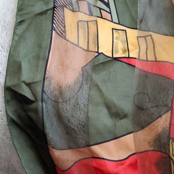 Rare Paloma Picasso Silk Green Red Gold Black  Fashion Tie Scarf Accent 3 ft sq