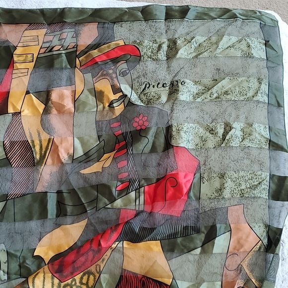 Rare Paloma Picasso Silk Green Red Gold Black  Fashion Tie Scarf Accent 3 ft sq