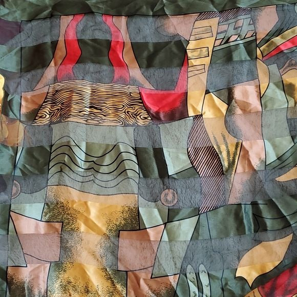 Rare Paloma Picasso Silk Green Red Gold Black  Fashion Tie Scarf Accent 3 ft sq