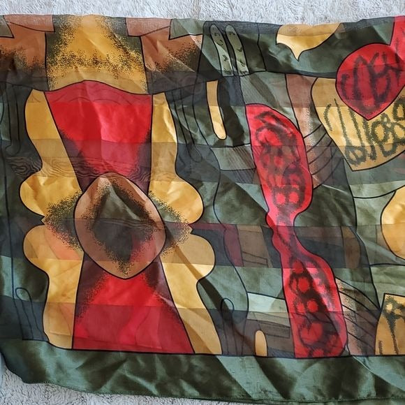 Rare Paloma Picasso Silk Green Red Gold Black  Fashion Tie Scarf Accent 3 ft sq