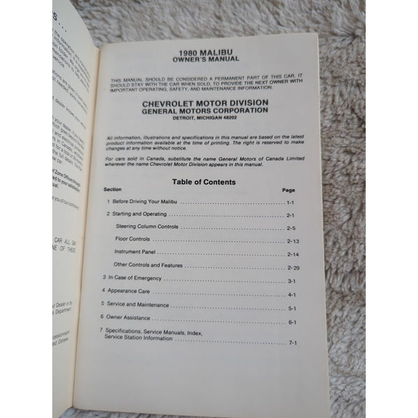 1980 Chevrolet Malibu Owners Manual User Guide Reference Operator Book Fuses OEM