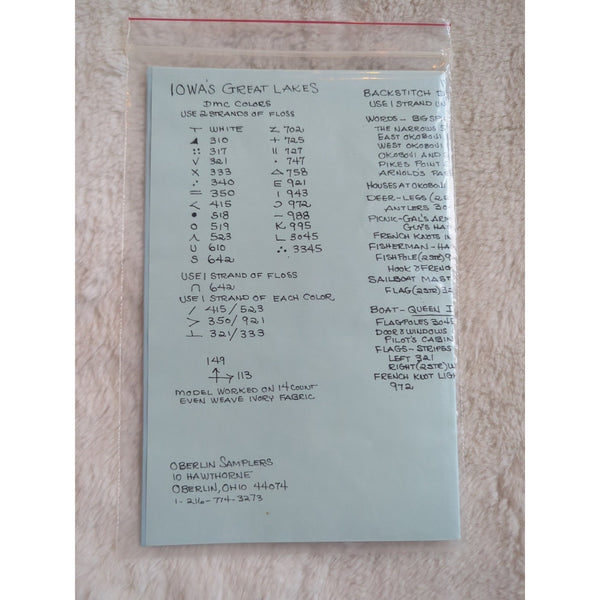 Oberlin Samplers Iowas Great Lakes Counted Cross Stitch Chart 14 CT Even Weave