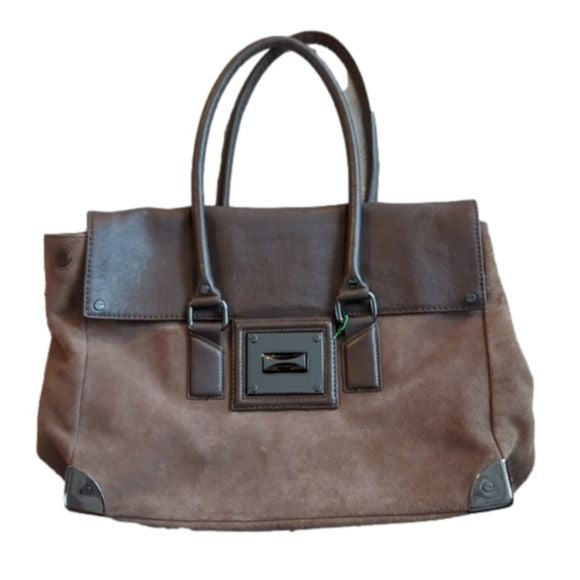 Kenneth Cole Brown Suede Leather Wider Satchel Shoulder Bag Fold Over Flap Purse
